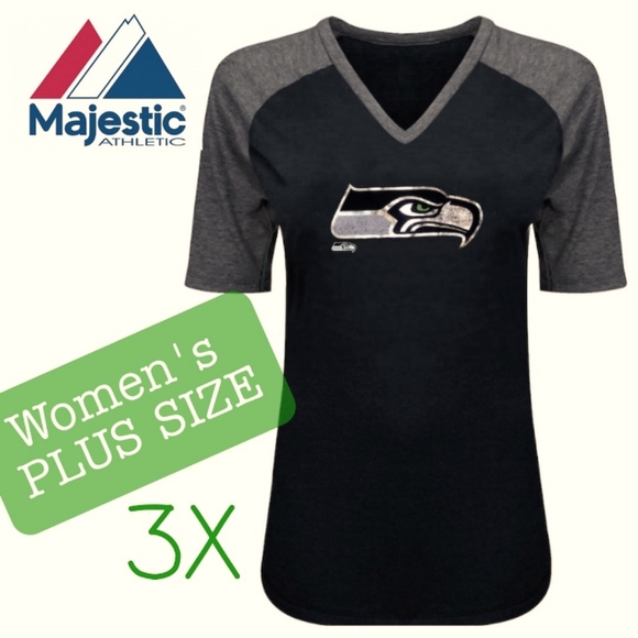 Majestic Tops - Seattle Seahawks Majestic Women's 3X Vintage Style Plus Size Raglan V-Neck